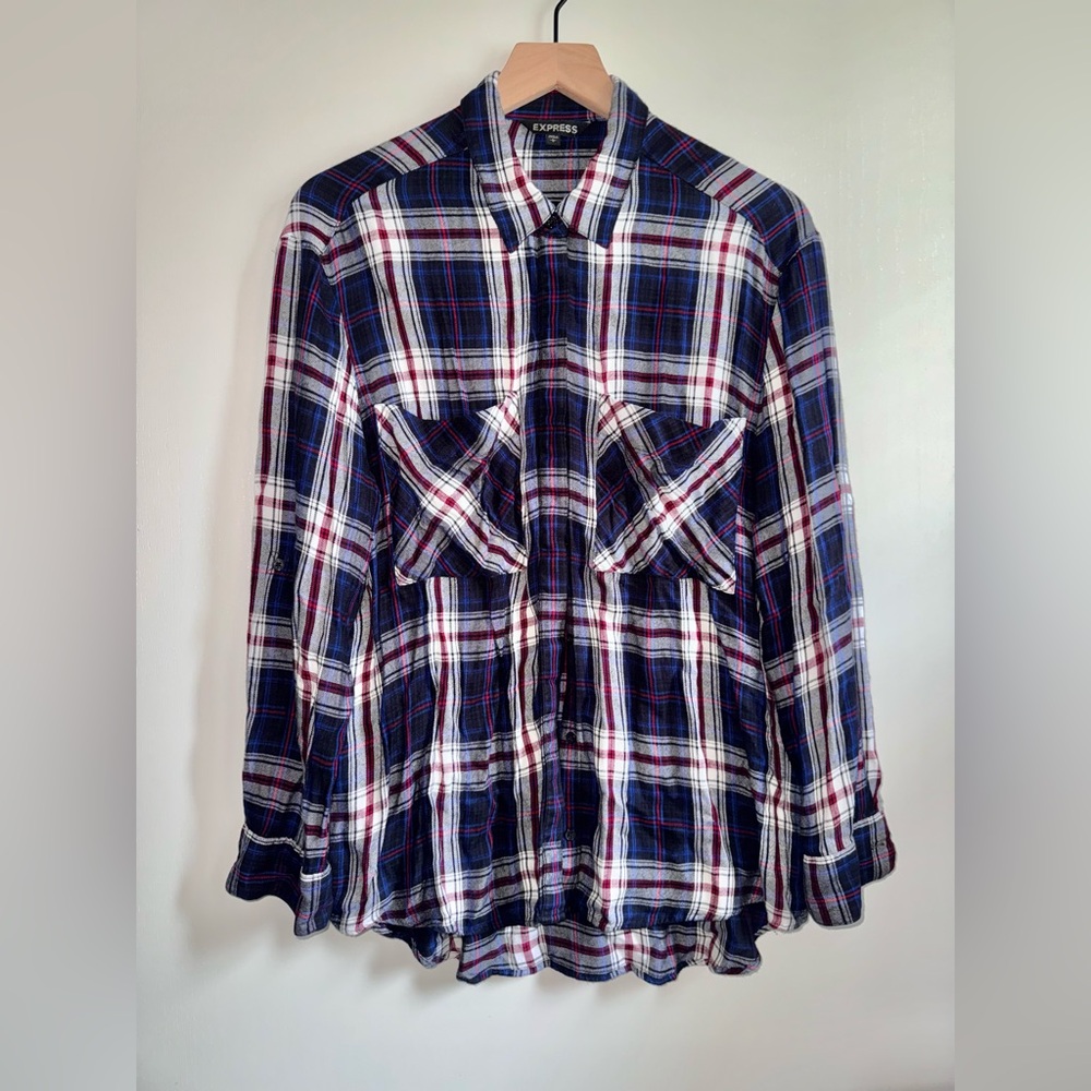 Express Button Down Plaid Collar Flannel Women Size Large Blue Red White Rayon
